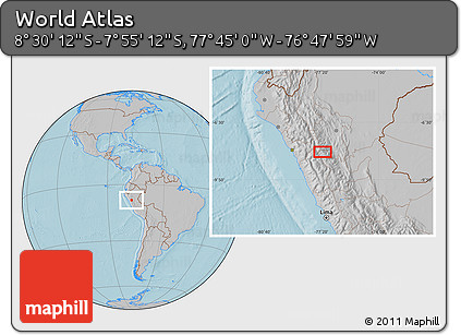 Gray Location Map of the Area around 8° 12' 42" S, 77° 16' 30" W, hill shading