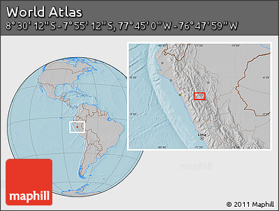 Gray Location Map of the Area around 8° 12' 42" S, 77° 16' 30" W, hill shading