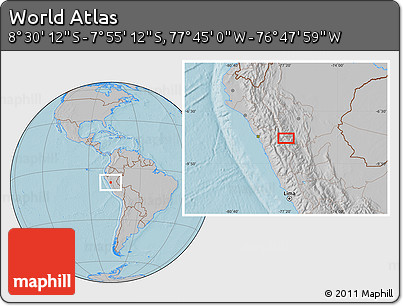 Gray Location Map of the Area around 8° 12' 42" S, 77° 16' 30" W, hill shading