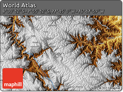 Physical Map of the Area around 8° 12' 42" S, 77° 16' 30" W