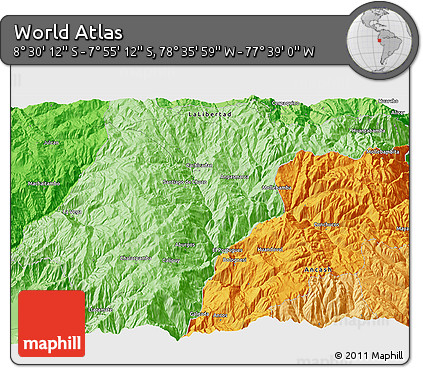 Political 3D Map of the Area around 8° 12' 42" S, 78° 7' 30" W