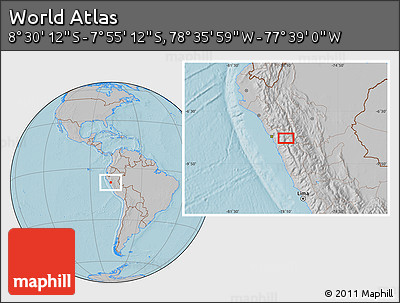 Gray Location Map of the Area around 8° 12' 42" S, 78° 7' 30" W, hill shading