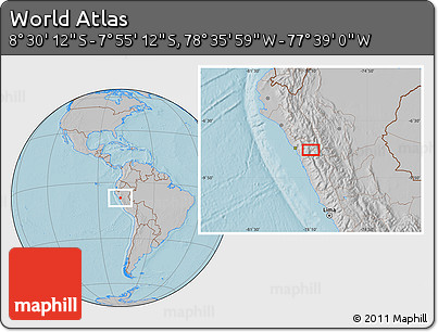Gray Location Map of the Area around 8° 12' 42" S, 78° 7' 30" W, hill shading