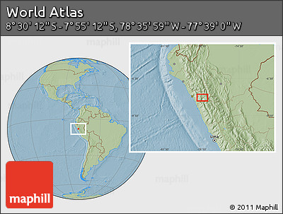 Savanna Style Location Map of the Area around 8° 12' 42" S, 78° 7' 30" W, hill shading