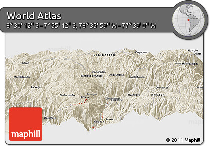 Shaded Relief Panoramic Map of the Area around 8° 12' 42" S, 78° 7' 30" W