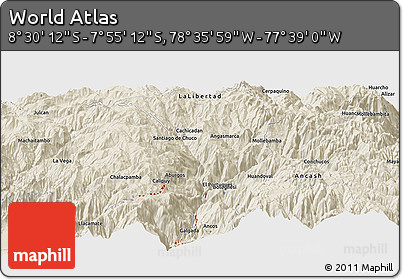 Shaded Relief Panoramic Map of the Area around 8° 12' 42" S, 78° 7' 30" W