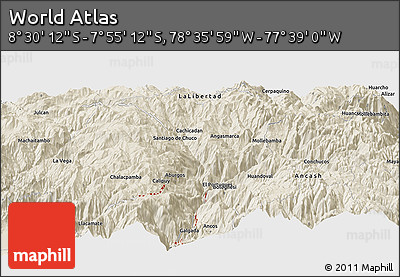 Shaded Relief Panoramic Map of the Area around 8° 12' 42" S, 78° 7' 30" W