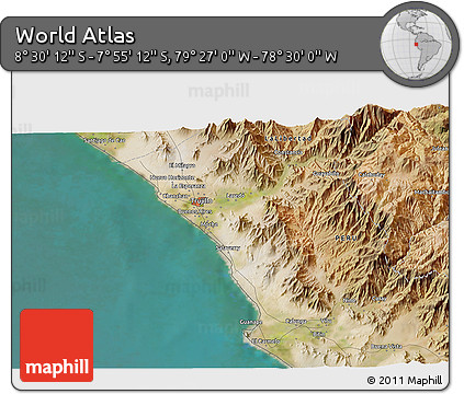Satellite 3D Map of the Area around 8° 12' 42" S, 78° 58' 29" W