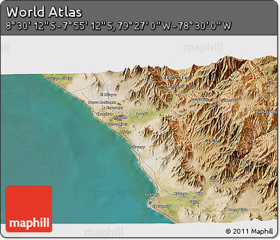 Satellite 3D Map of the Area around 8° 12' 42" S, 78° 58' 29" W