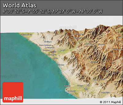 Satellite 3D Map of the Area around 8° 12' 42" S, 78° 58' 29" W