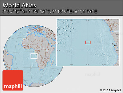 Gray Location Map of the Area around 8° 12' 42" S, 7° 43' 29" E, hill shading