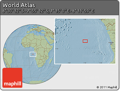 Savanna Style Location Map of the Area around 8° 12' 42" S, 7° 43' 29" E, hill shading