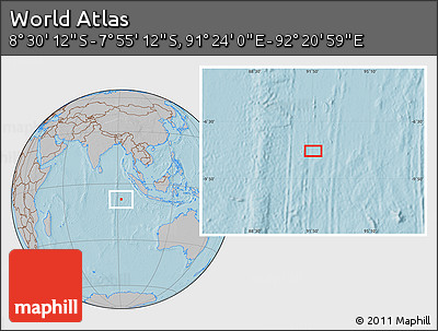 Gray Location Map of the Area around 8° 12' 42" S, 91° 52' 30" E, hill shading