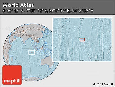 Gray Location Map of the Area around 8° 12' 42" S, 93° 34' 29" E, hill shading