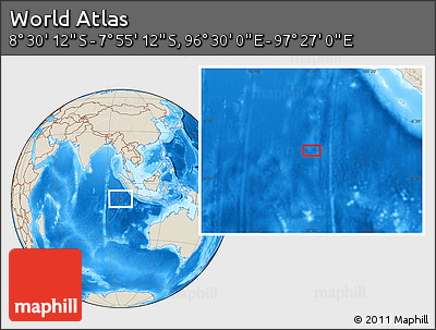 Shaded Relief Location Map of the Area around 8° 12' 42" S, 96° 58' 29" E