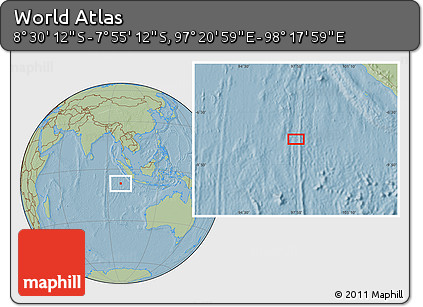 Savanna Style Location Map of the Area around 8° 12' 42" S, 97° 49' 29" E, hill shading