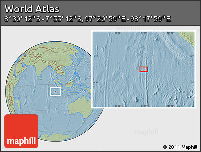 Savanna Style Location Map of the Area around 8° 12' 42" S, 97° 49' 29" E, hill shading