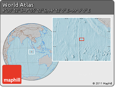 Gray Location Map of the Area around 8° 12' 42" S, 98° 40' 30" E, hill shading