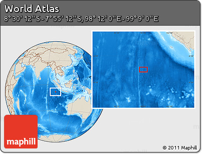 Shaded Relief Location Map of the Area around 8° 12' 42" S, 98° 40' 30" E