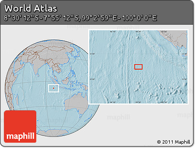 Gray Location Map of the Area around 8° 12' 42" S, 99° 31' 30" E, hill shading