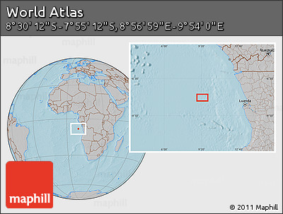 Gray Location Map of the Area around 8° 12' 42" S, 9° 25' 30" E, hill shading
