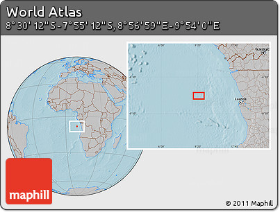 Gray Location Map of the Area around 8° 12' 42" S, 9° 25' 30" E, hill shading