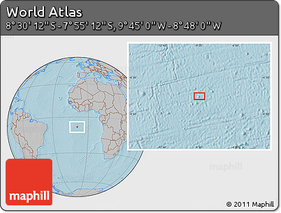 Gray Location Map of the Area around 8° 12' 42" S, 9° 16' 30" W, hill shading