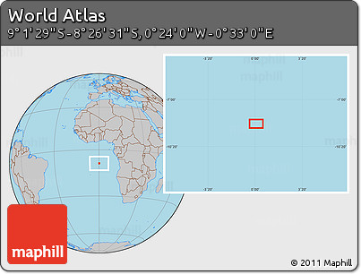 Gray Location Map of the Area around 8° 44' 0" S, 0° 4' 30" E