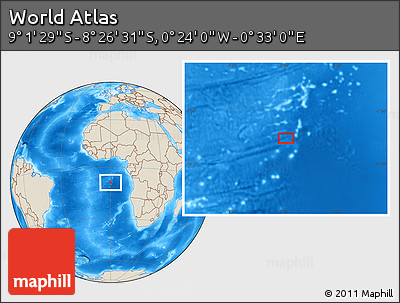 Shaded Relief Location Map of the Area around 8° 44' 0" S, 0° 4' 30" E
