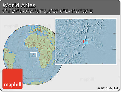 Savanna Style Location Map of the Area around 8° 44' 0" S, 0° 55' 29" E, hill shading