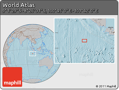 Gray Location Map of the Area around 8° 44' 0" S, 101° 13' 29" E, hill shading
