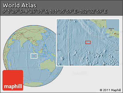 Savanna Style Location Map of the Area around 8° 44' 0" S, 102° 4' 29" E, hill shading
