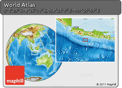 Physical Location Map of the Area around 8° 44' 0" S, 108° 52' 30" E