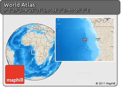 Shaded Relief Location Map of the Area around 8° 44' 0" S, 10° 16' 30" E