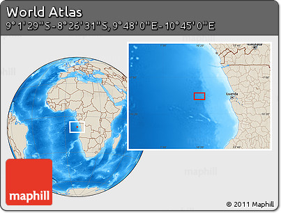 Shaded Relief Location Map of the Area around 8° 44' 0" S, 10° 16' 30" E