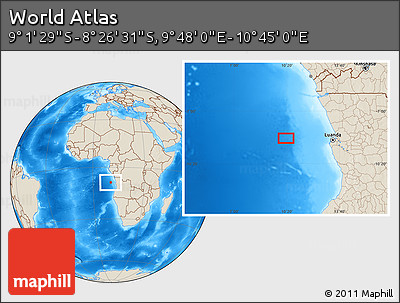 Shaded Relief Location Map of the Area around 8° 44' 0" S, 10° 16' 30" E