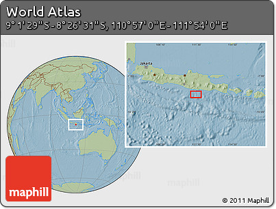 Savanna Style Location Map of the Area around 8° 44' 0" S, 111° 25' 30" E, hill shading