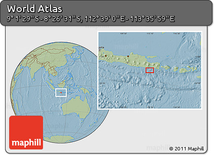 Savanna Style Location Map of the Area around 8° 44' 0" S, 113° 7' 30" E, hill shading