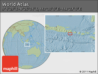 Savanna Style Location Map of the Area around 8° 44' 0" S, 113° 58' 29" E, hill shading