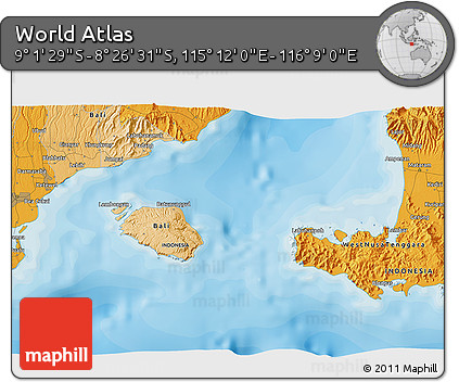 Political 3D Map of the Area around 8° 44' 0" S, 115° 40' 30" E