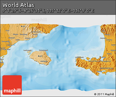 Political 3D Map of the Area around 8° 44' 0" S, 115° 40' 30" E