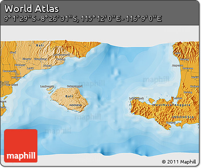 Political 3D Map of the Area around 8° 44' 0" S, 115° 40' 30" E
