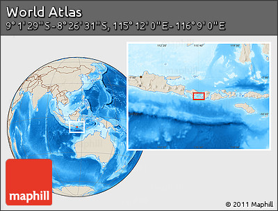 Shaded Relief Location Map of the Area around 8° 44' 0" S, 115° 40' 30" E