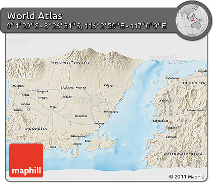 Shaded Relief 3D Map of the Area around 8° 44' 0" S, 116° 31' 30" E