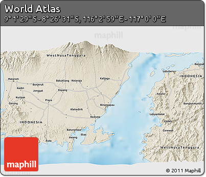 Shaded Relief 3D Map of the Area around 8° 44' 0" S, 116° 31' 30" E