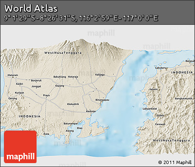 Shaded Relief 3D Map of the Area around 8° 44' 0" S, 116° 31' 30" E