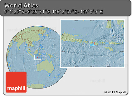 Savanna Style Location Map of the Area around 8° 44' 0" S, 116° 31' 30" E, hill shading