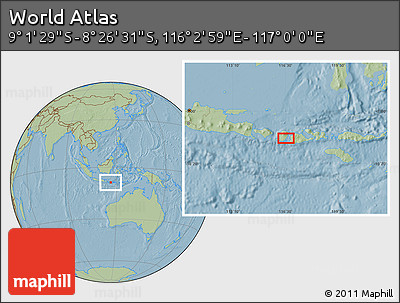 Savanna Style Location Map of the Area around 8° 44' 0" S, 116° 31' 30" E, hill shading
