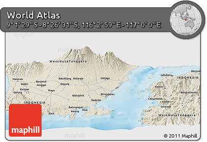 Shaded Relief Panoramic Map of the Area around 8° 44' 0" S, 116° 31' 30" E
