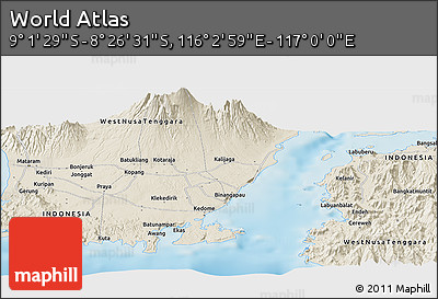 Shaded Relief Panoramic Map of the Area around 8° 44' 0" S, 116° 31' 30" E